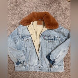 Levi's x Free People Brown Faux Fur Collar with Cream Lining Denim Jacket